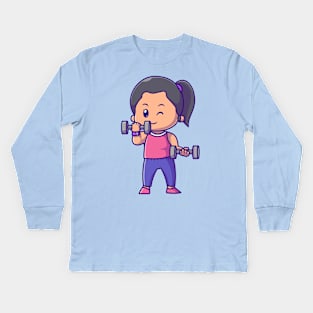 Cute Woman Lifting barbell Cartoon Kids Long Sleeve T-Shirt